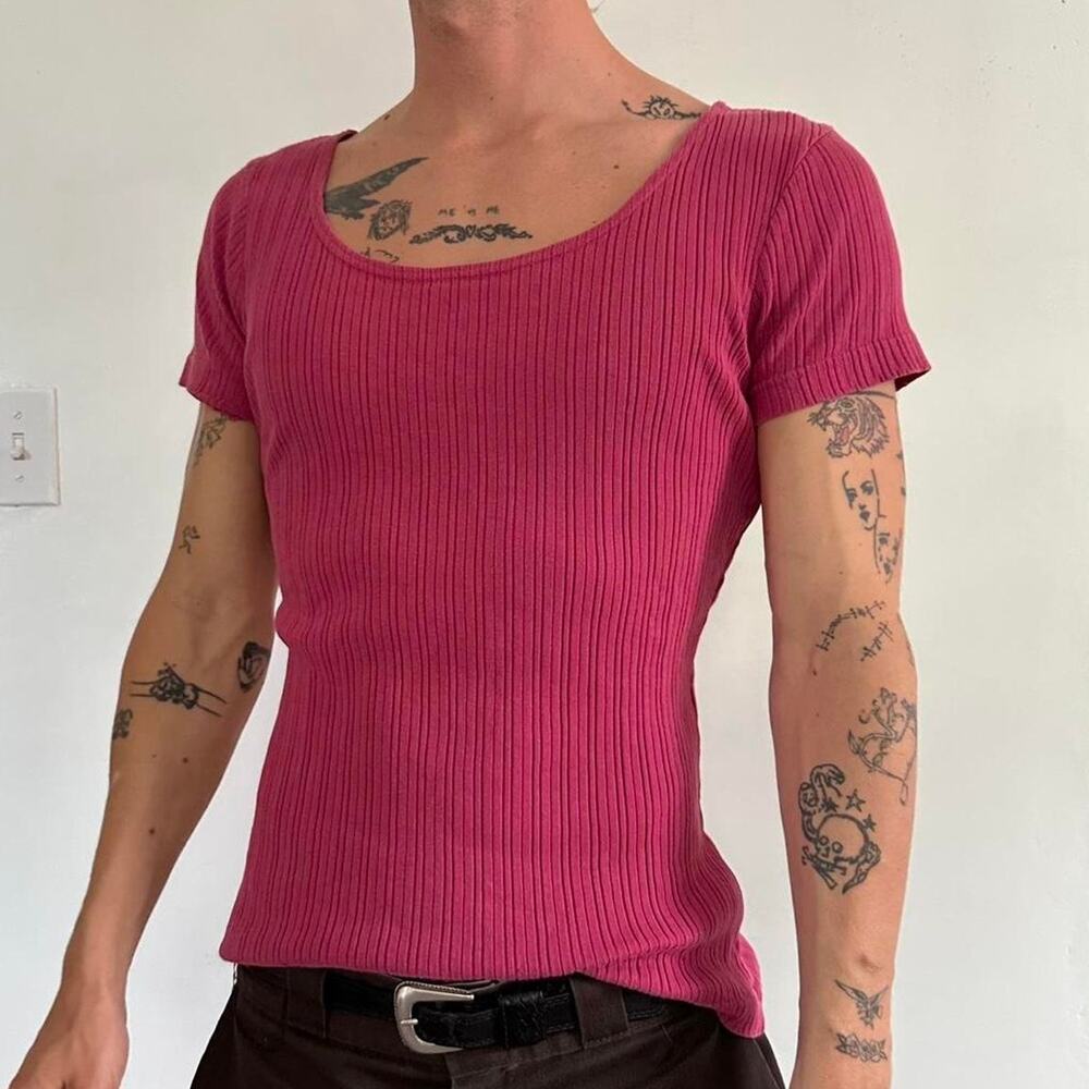 Vintage 00s Y2K Gap Pink Ribbed Fitted Scoop Neck Basic Tee Top